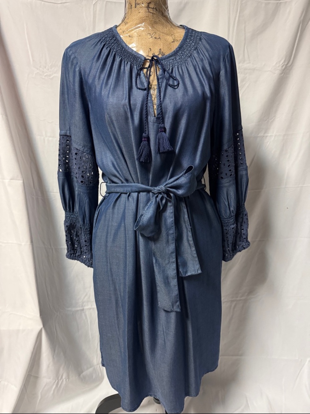 Ecru new w/o tags- Blue Tassel Tie-Waist Women's Dress